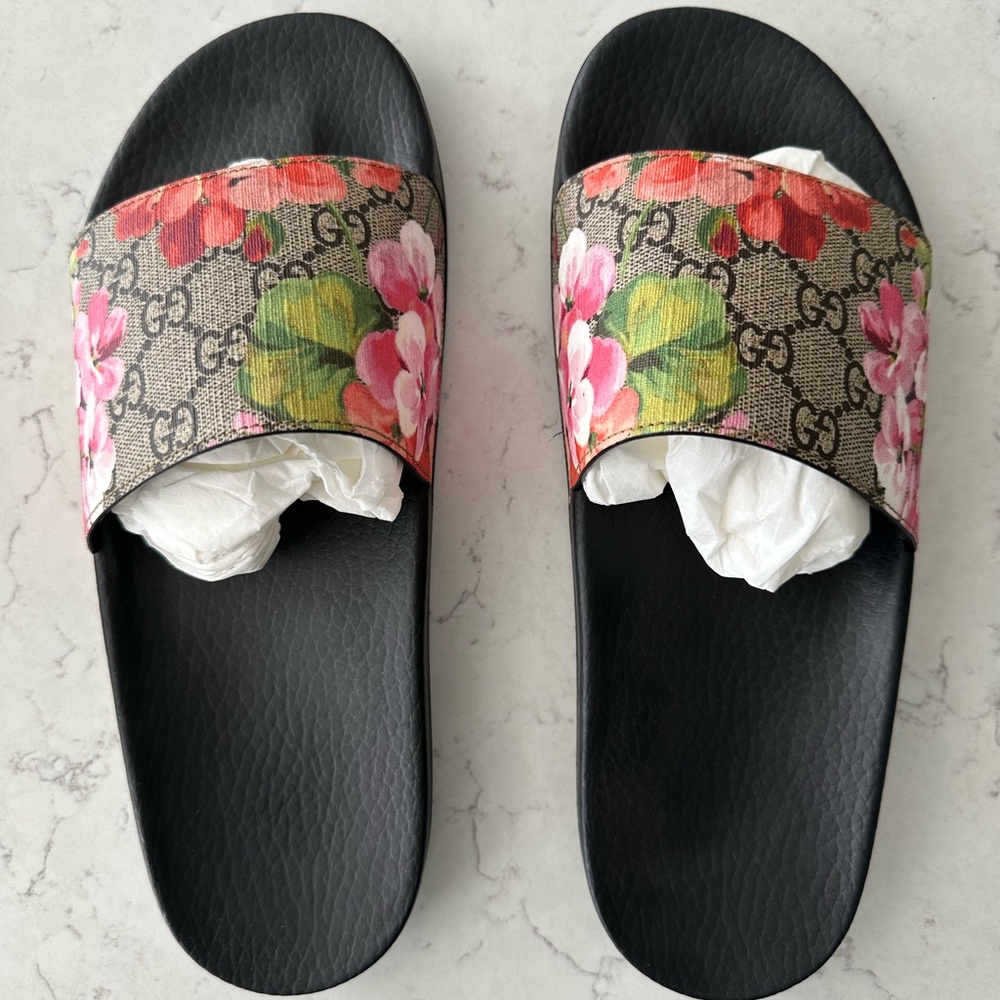 NEW Gucci GG Blooms Supreme-canvas slides sz 39